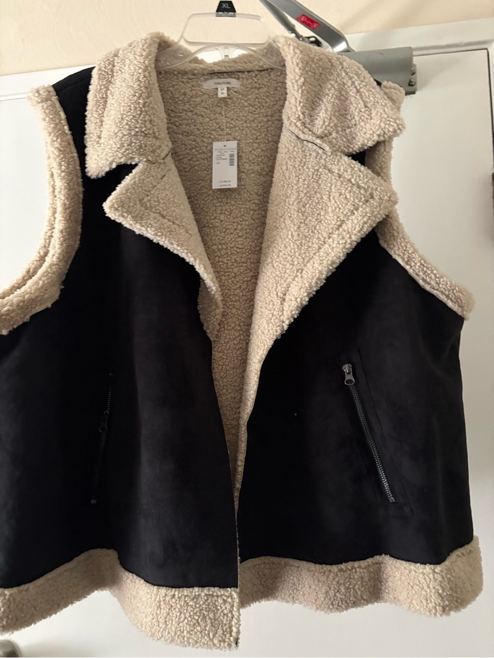 Faux-Suede Sherpa-Lined Vest in Black and Cream